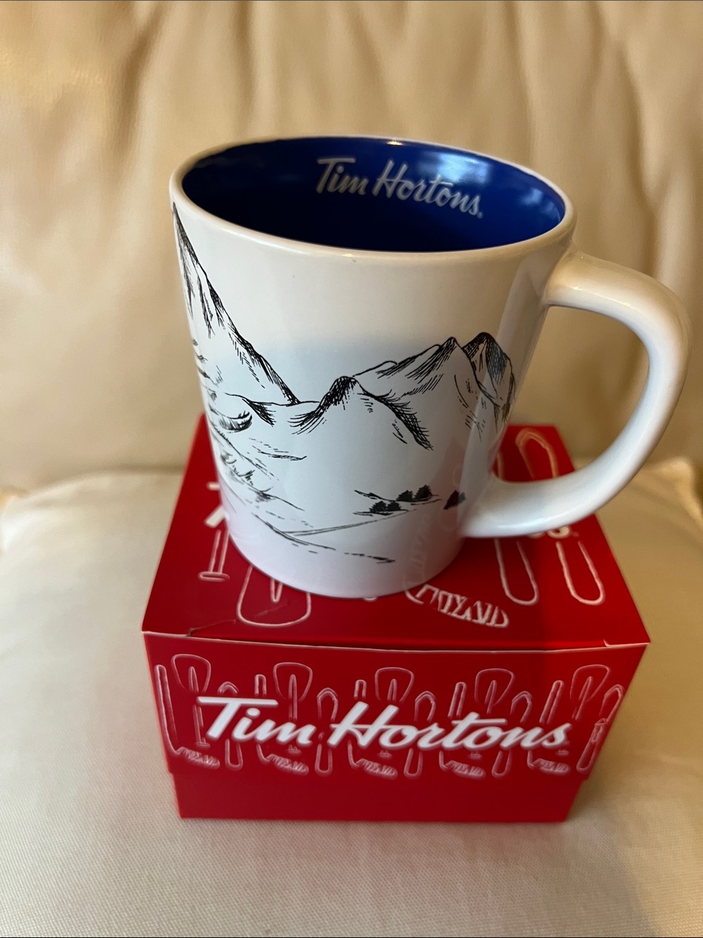 Tim Hortons White Ceramic Mug with Blue Interior and Mountain Design
